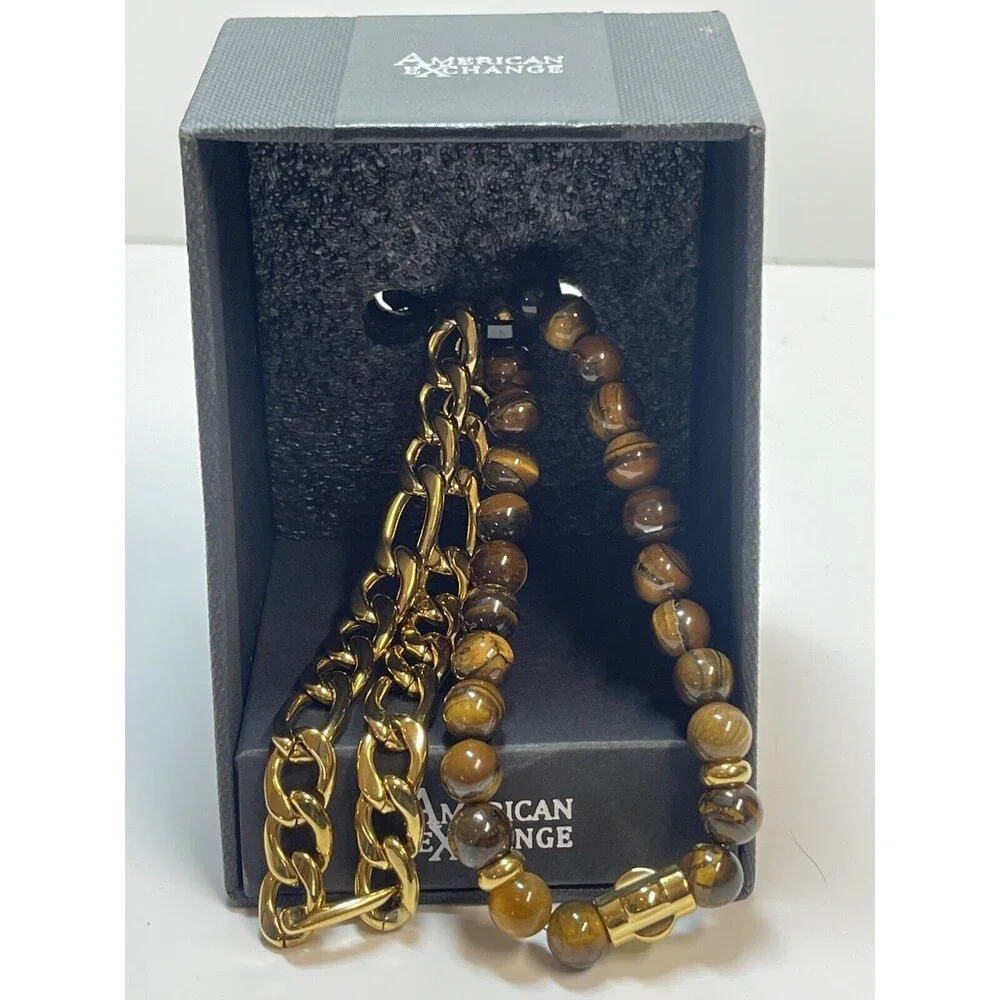 American Exchange Men’s Tigers Eye & Gold Chain Link Bracelet Set New